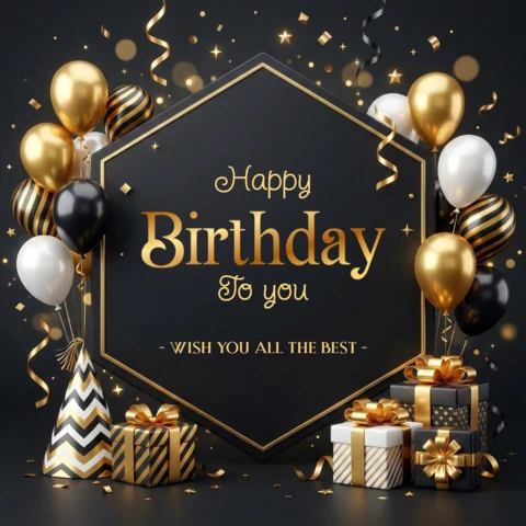 Póster decorativo de feliz cumpleaños elegante fondo negro y dorado con globos, cintas y deseos alegres