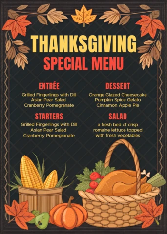Thanksgiving Menu Design Template with Autumn Leaves and Harvest Elements for Restaurant Use