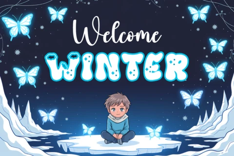 Plantilla de diseño de invierno de maravillas para tarjetas de felicitación con niño y mariposas.