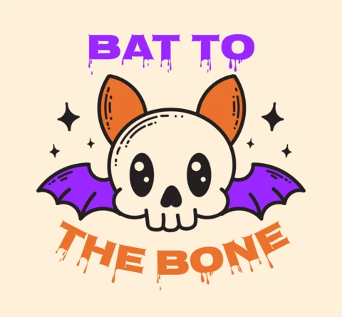 Bat to The Bone Cute Skull & Bat Wings Cartoon with Funny Halloween Quote for Spooky Merch T-Shirt Design Template