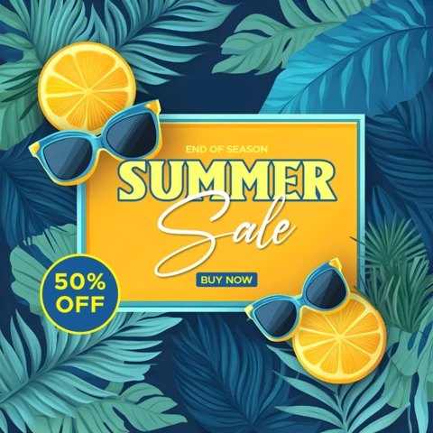 Vibrant Tropical Summer Sale Design Template with Sunglasses and Citrus Elements
