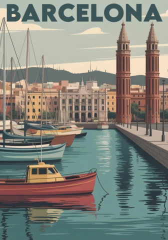 Waterfront Scene with Venetian Towers and Docked Boats Barcelona Travel Posters Design Template