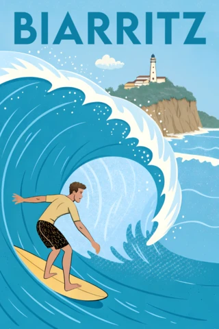 Surfing in Biarritz Design Template for Pays Basque Retro Flat Posters