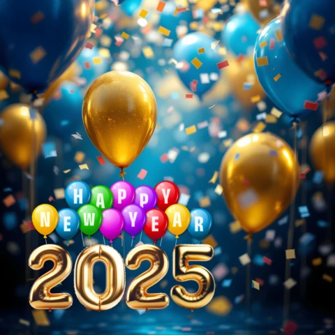 Blue Golden Balloons Happy New Year Greeting Card Template