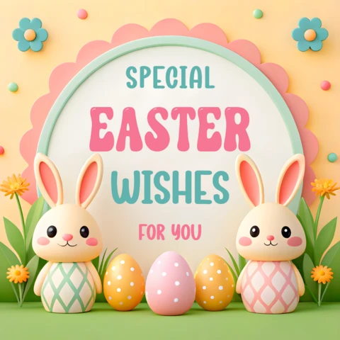 Cute 3D Easter Design with Bunnies and Eggs for Greeting Card Template