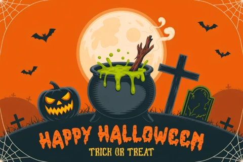 Modelo de design de Halloween assustador com caldeirão, abóbora e lua para convites de festa