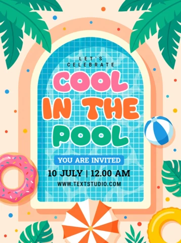 Affiche d'invitation à une fête à la piscine d'été avec des feuilles de palmier tropicales et des accessoires de piscine