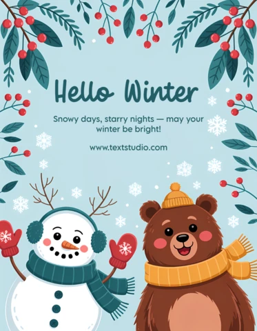 Winter Wonderland Design Template Featuring Cute Bear and Snowman for Holiday Greeting Cards