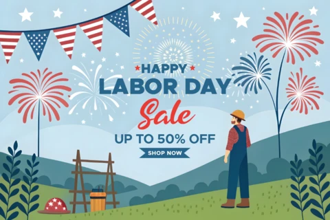 Festive Labor Day Sale Design Template with Fireworks and Banners