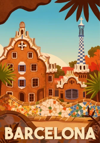 Gaudí Architecture, Mosaic Bench & Sunset Spire Barcelona Travel Posters Design Template