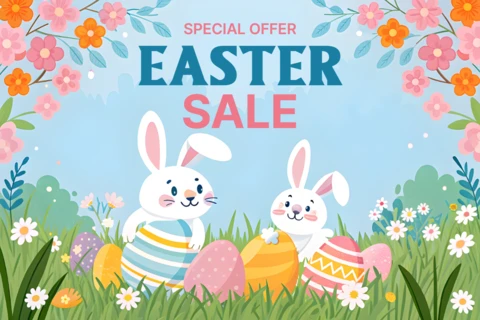 Spring-Themed Easter Sale Design Template with Cute Bunnies and Floral Elements