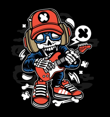 Modèle de t-shirt avec tête de mort de rock star et personnage de bande dessinée