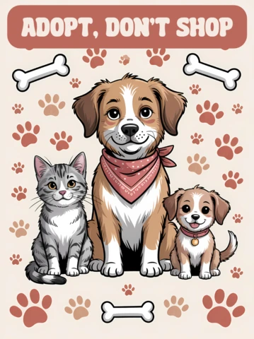 Adopta, no compres, plantilla de diseño de animales para carteles de adopción de mascotas.
