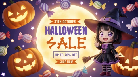 Editable Halloween Sale Template with Cute Chibi Witch Design for Promotional Flyers