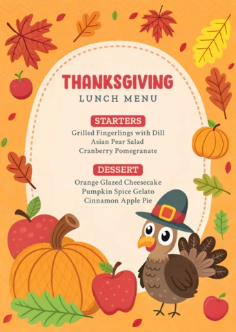 Thanksgiving Menu Template with Cute Turkey and Autumn Leaves Design for Festive Celebrations