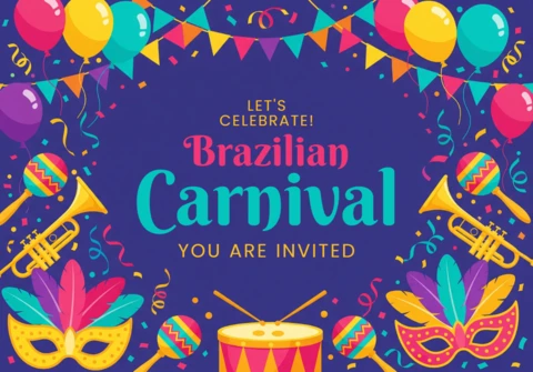 Brazilian Carnival Invitation Poster Deep Blue Background with Balloons, Masks, and Musical Decorations