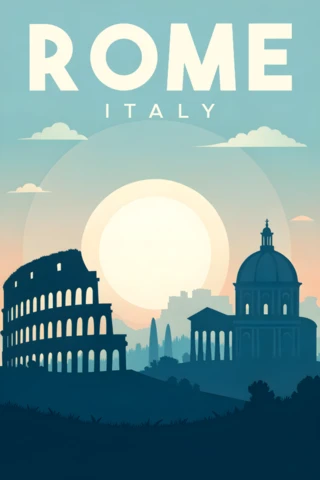 Retro reisposter ontwerp sjabloon met Rome, Italië bezienswaardigheden voor wanddecoratie