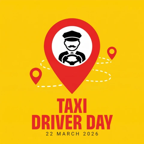 Taxi Driver Day 2026 Poster Red Map Pin with Driver Silhouette Holding Steering Wheel On Yellow Background