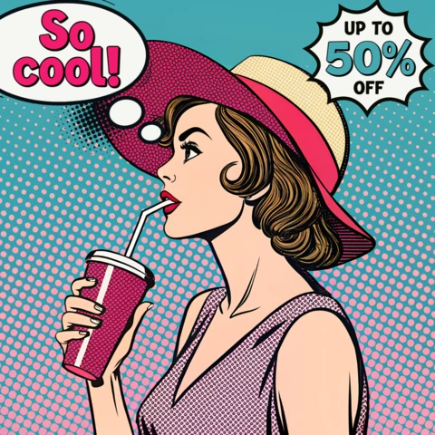 Template de mulher pop art bebendo bebida para design de cartaz promocional