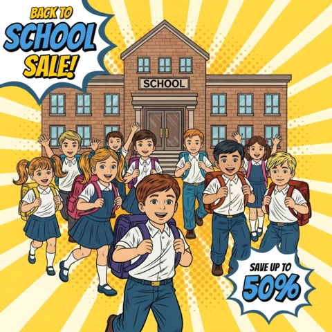 Comic Back To School Sale Students Running From School Building with Limited-Time Promo Design Template for Promotional Flyers