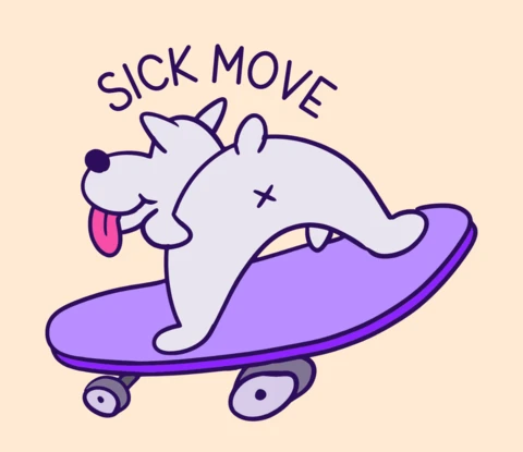 Movimiento impresionante cachorro perro genial en patineta caricatura con cita en negrita para diseño de camiseta de ropa urbana y mercancía de memes.