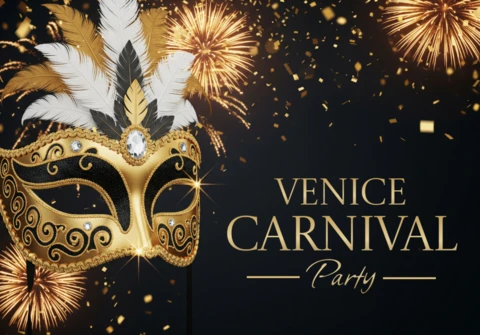 Póster de fiesta de carnaval de Venecia, máscara de carnaval dorada con plumas y fuegos artificiales sobre fondo oscuro.