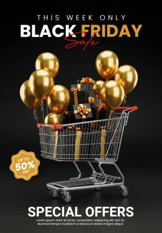 Diseño de venta festiva de Black Friday, cintas doradas, regalos y globos de celebración enmarcando la plantilla de oferta central para volantes promocionales.