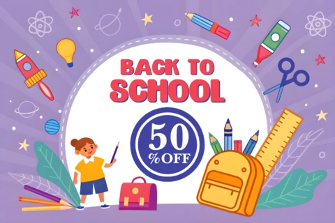 Plantilla de diseño de regreso a clases con útiles escolares coloridos para volantes promocionales.