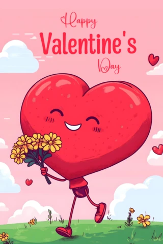 Happy Valentines Day Heart Character Template with Floral Accents