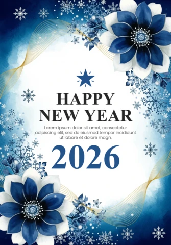 Urlaubsgrußkarte Aquarell Blumen Neujahr 2026 Design mit gradient blauem Hintergrund und Schneeflockencharme