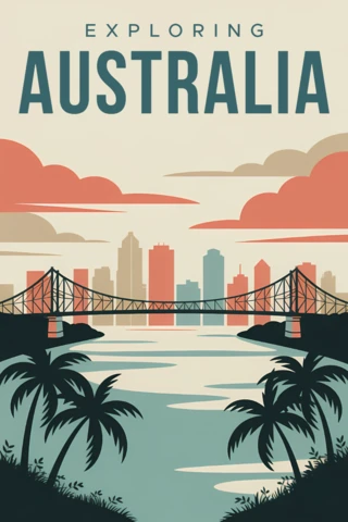 Template de design de cartaz de viagem vintage da Austrália com horizonte da cidade e ponte.