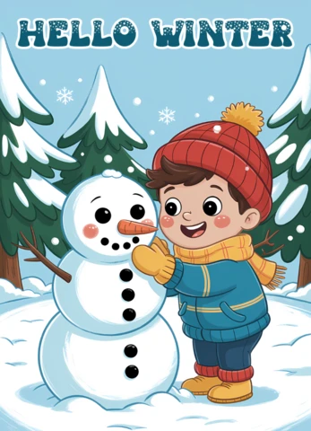 Plantilla de diseño de país de las maravillas invernal con un juguetón muñeco de nieve y un niño para tarjetas navideñas.