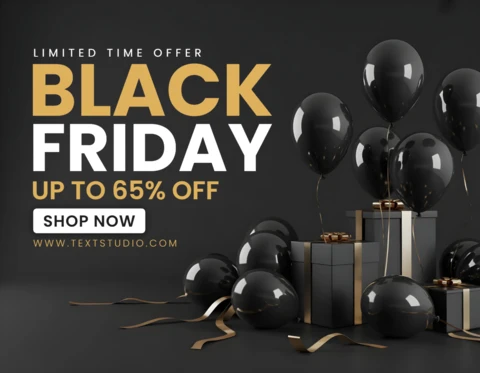 Affiche de vente de vacances design luxe Black Friday avec des rubans dorés, des confettis et des graphiques de célébration, modèle de design pour promotionnel.