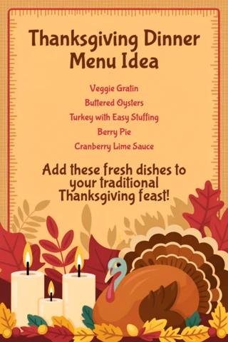 Thanksgiving Dinner Menu Design Template with Turkey and Fall Leaves for Holiday Celebrations