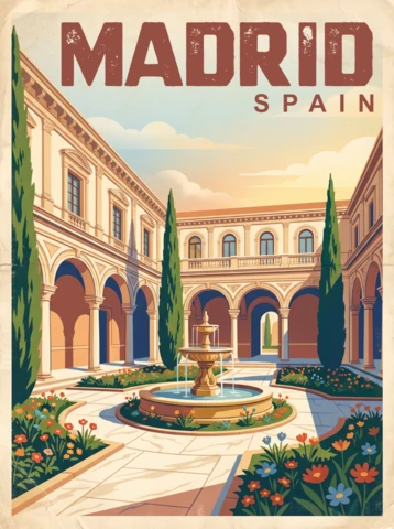 Madryt retro vintage natura plakat Hiszpania malowniczy dziedziniec fontanna drzewa cyprysowe kwietniki łukowe przejścia historyczna architektura podróże ilustracja ścienna