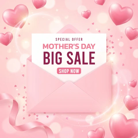 Cartel publicitario del Día de la Madre — evento de venta festiva con sobre, tarjeta con corazón y fondo brillante