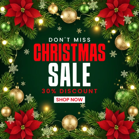 Christmas Template with Snowflakes, Gold-Green Baubles, and Decorative Border Holiday Promotion Poster Design