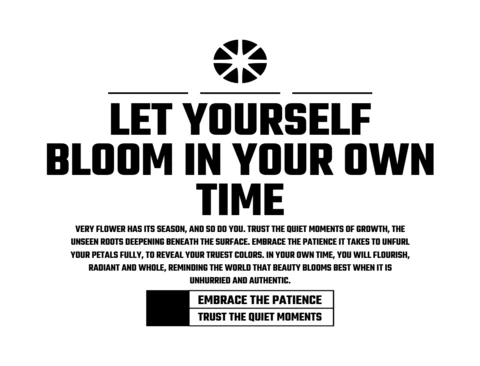 Let Yourself Bloom Bold Typography with Petal Wheel Symbol & Growth Quote T-Shirt Design Template