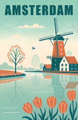 Retro Amsterdam Design Template with Windmill and Tulips for Posters