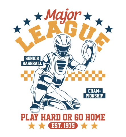 Senior league baseball retro catcher graphic met 'play hard or go home' slogan t-shirt ontwerp sjabloon