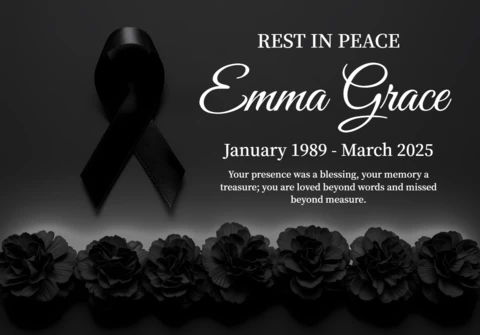 Elegant Memorial Design Template with Black Ribbon and Floral Accents for Tribute Cards
