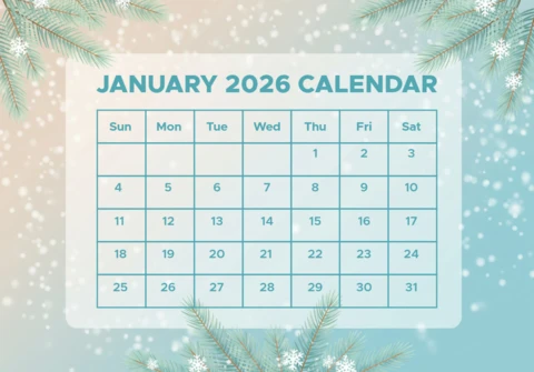 January 2026 Calendar Sparkling Snowflake Theme with Pine Accents and Seasonal Elegance