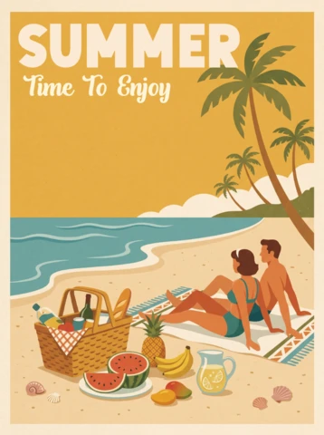 Vintage Summer Poster Featuring Palm Trees, Picnic Basket, Fruits, Watermelon, Pineapple, Bananas, Lemonade Pitcher and Relaxing Tropical Beach Scene