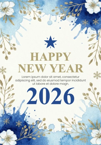Blaue Aquarell-Grußkarte mit goldenen Akzenten und Feiertypografie Frohes neues Jahr 2026 Karte