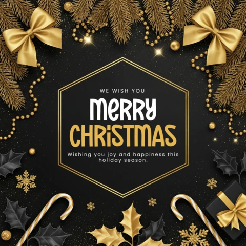 Frohe Weihnachten Karte goldene Tannenzweige und Ornamente umgeben, die Ihnen Freude und Glück wünschen, Grußdesign-Vorlage