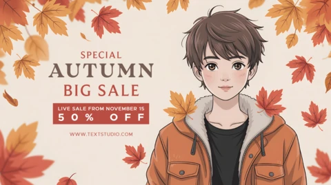 Autumn Sale Promotional Design Template with Character and Leaves for Marketing Flyer