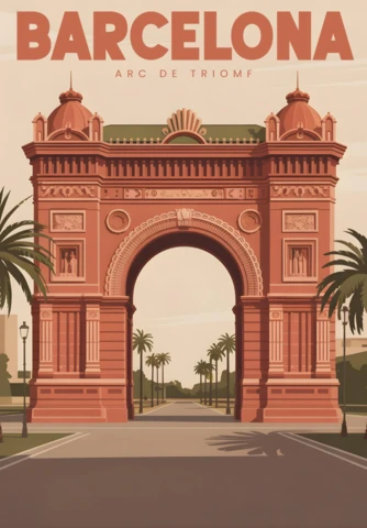 Illustration de l'Arc de triomphe avec des palmiers et des détails en brique rouge, modèle de design d'affiches de voyage à Barcelone.