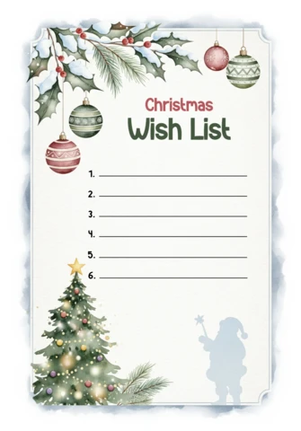 Weihnachtswunschzettel Vorlage festliches Design mit Santa-Silhouette, geschmücktem Baum und hängenden Ornamenten