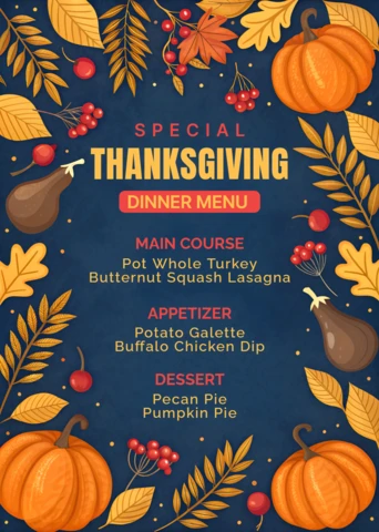Modèle de menu de dîner de Thanksgiving avec des citrouilles et des feuilles d'automne pour des événements saisonniers