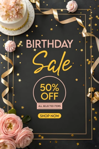 Elegant Birthday Sale Template Design with Floral Accents and Gold Highlights